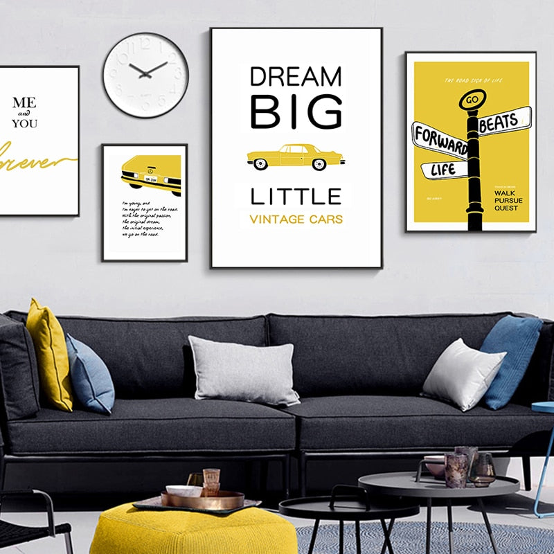 Modern Yellow Dream Letters Prints Poster  - Canvas Wall Art Painting | Bowlift