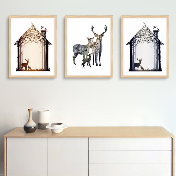 Abstract Deer Family Animals - Canvas Wall Art Painting | Bowlift