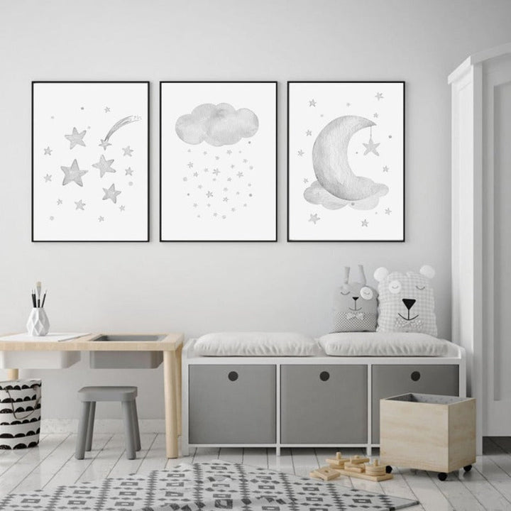Grey Moon Stars Cloud Nursery - Canvas Wall Art Painting | Bowlift