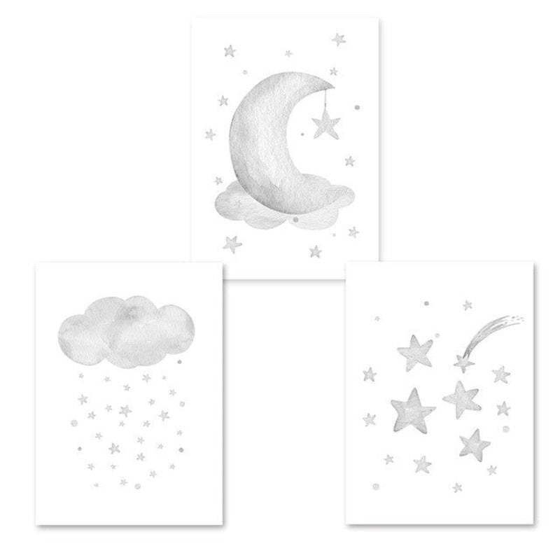 Grey Moon Stars Cloud Nursery - Canvas Wall Art Painting | Bowlift