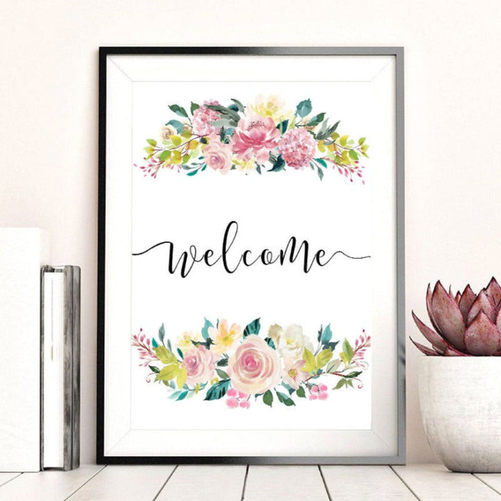 Floral Welcome Sign Poster - Canvas Wall Art Painting | Bowlift
