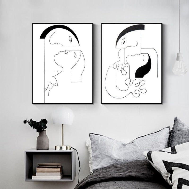 Minimalist Abstract Black White Couple Figure - Canvas Wall Art Painting | Bowlift