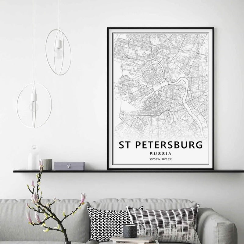 Moscow St Petersburg City Map Russia  - Canvas Wall Art Painting | Bowlift
