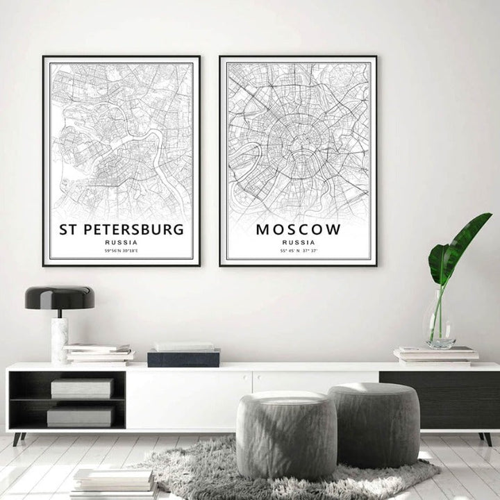Moscow St Petersburg City Map Russia  - Canvas Wall Art Painting | Bowlift