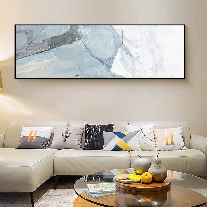 Long Blue Marble Background Bedroom - Canvas Wall Art Painting | Bowlift