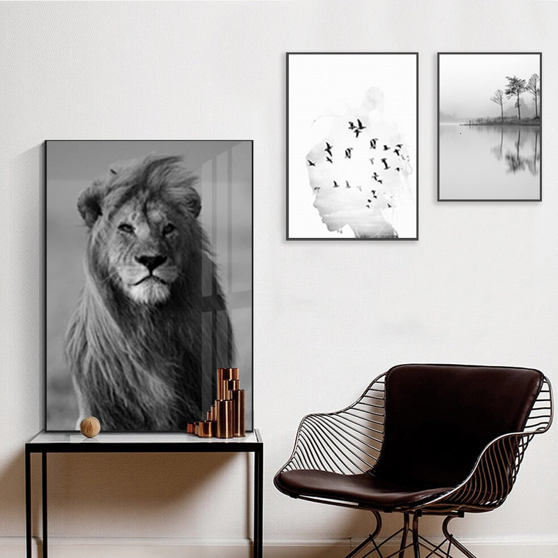 Foggy Sky Lake Lion - Canvas Wall Art Painting | Bowlift