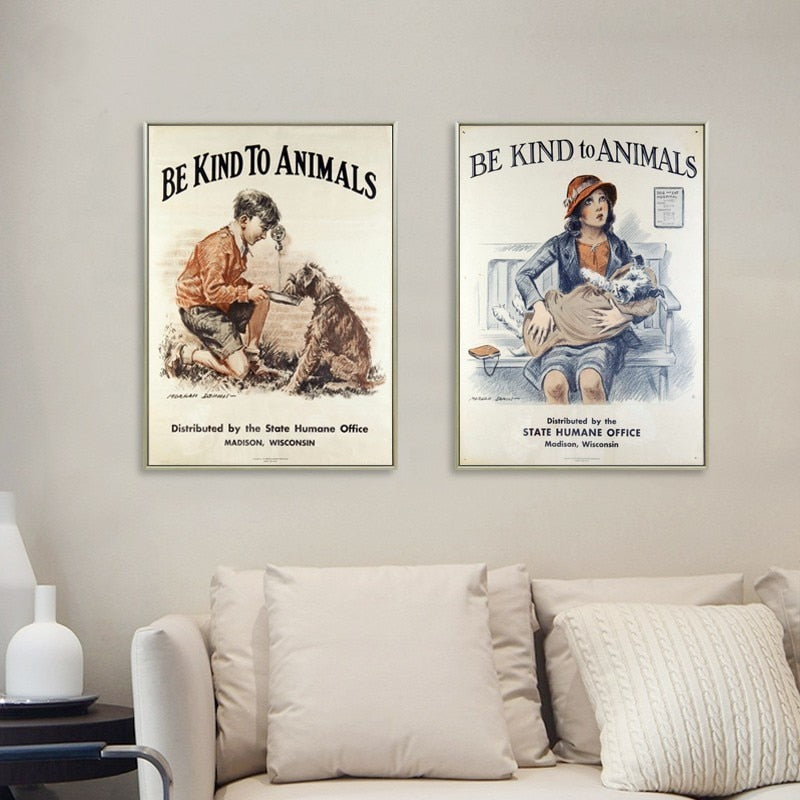 Vintage Be Kind to Animals - Canvas Wall Art Painting | Bowlift