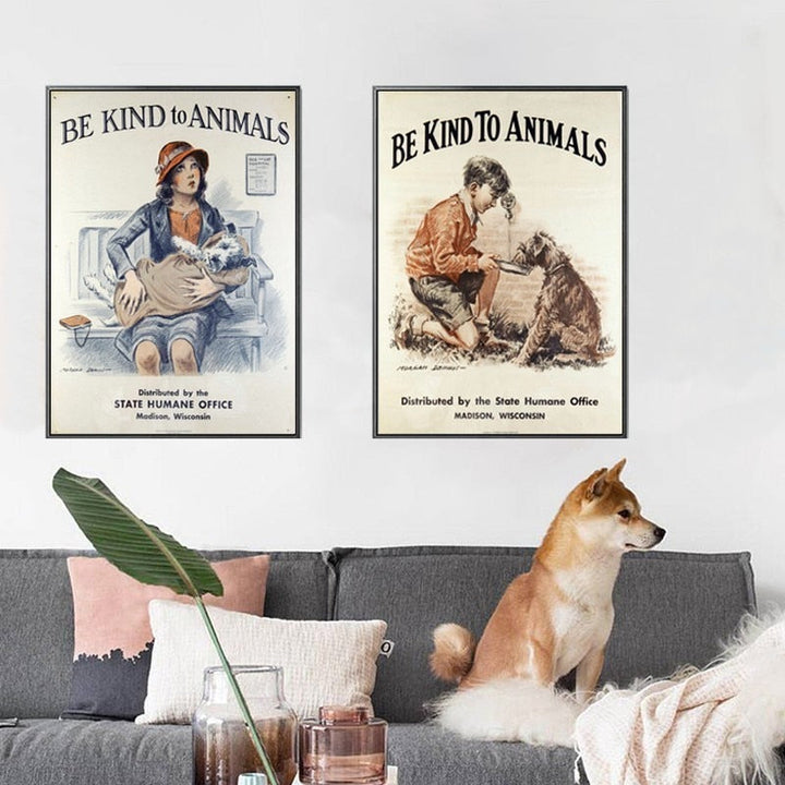 Vintage Be Kind to Animals - Canvas Wall Art Painting | Bowlift