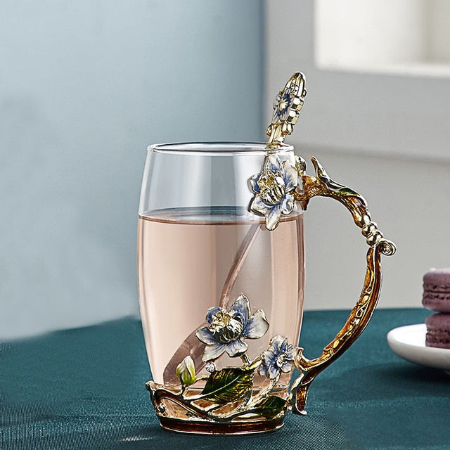 BowLift | Handcrafted enamel flower glass mug for couples love gift can serve coffee, flavored tea or even lemon juice in