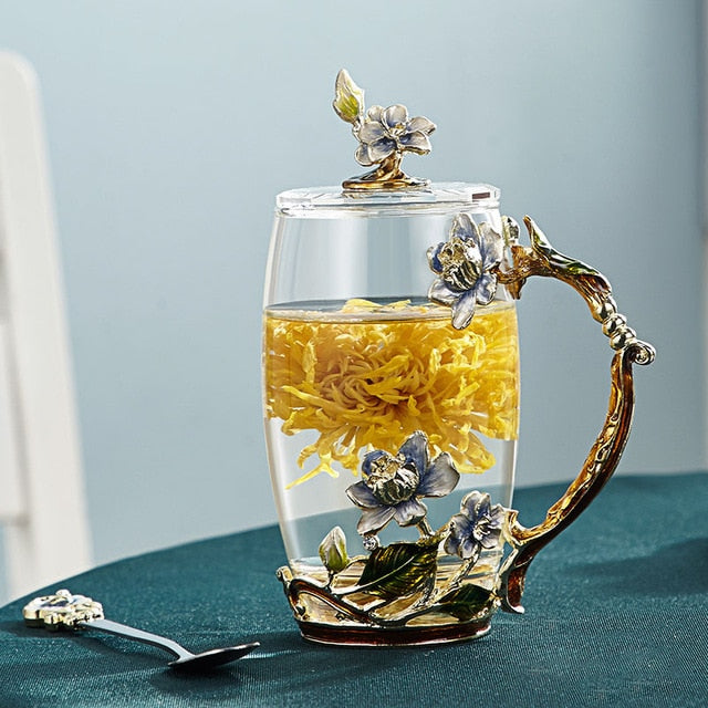 BowLift | Handcrafted enamel flower glass mug for couples love gift can serve coffee, flavored tea or even lemon juice in
