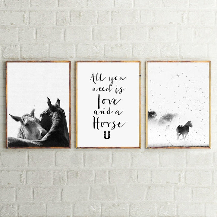 Simplistic Black & White Horses - Canvas Wall Art Painting | Bowlift