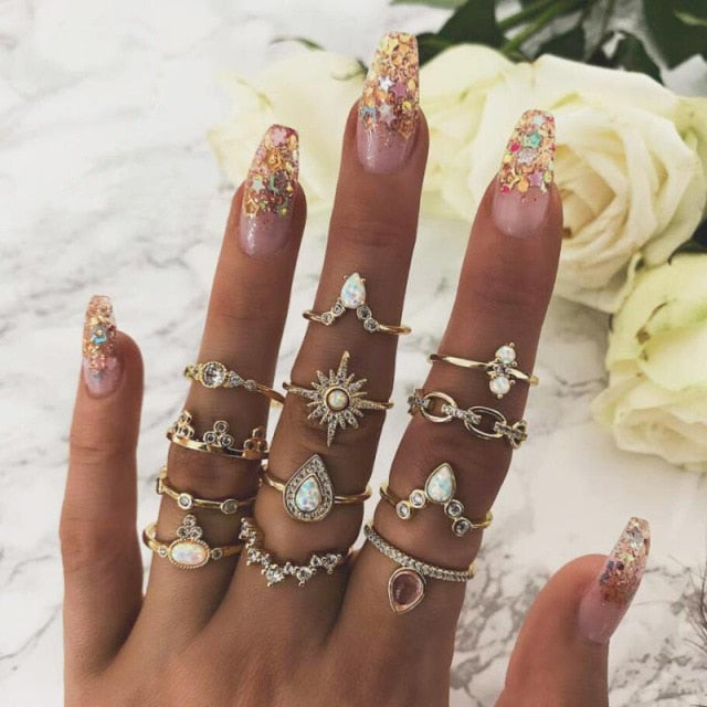 BowLift | Fashion Crystal Gold color  Geometric Knuckle Rings set