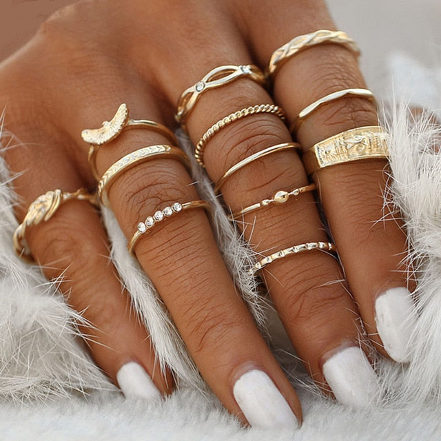 BowLift | Fashion Crystal Gold color  Geometric Knuckle Rings set