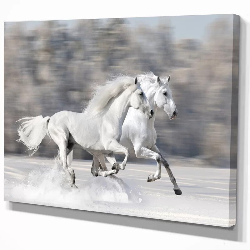 Snow Running White Horses - Canvas Wall Art Painting | Bowlift