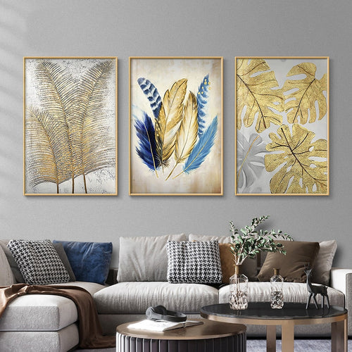 Golden Feather Leaves - Canvas Wall Art Painting | Bowlift