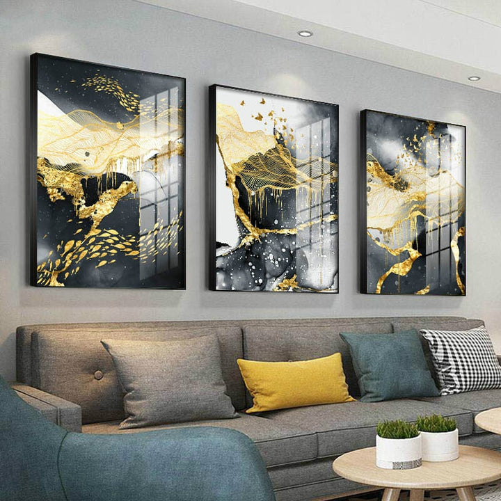 Golden, Black, and White Splashes - Canvas Wall Art Painting | Bowlift