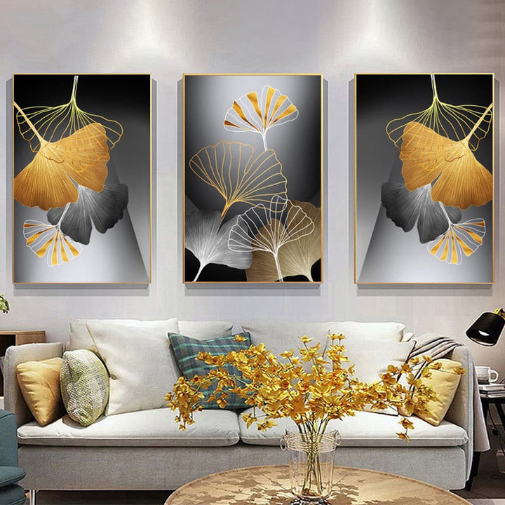Golden Tropical Leaf Abstract - Canvas Wall Art Painting | Bowlift