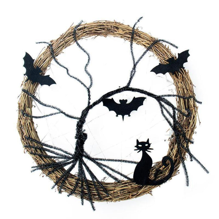 BowLift | Black Bat Cat Halloween Door Wreath Led Light