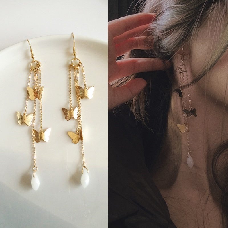 BowLift | Korean Style Retro Super Fairy Butterfly Tassel Long Clip on Earrings