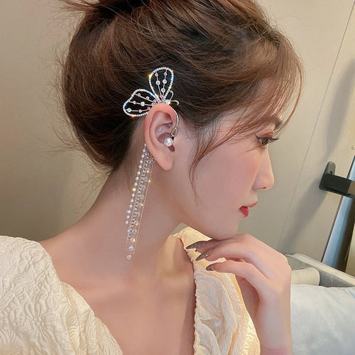 BowLift | Crystal Butterfly Charm Long Tassels Earrings