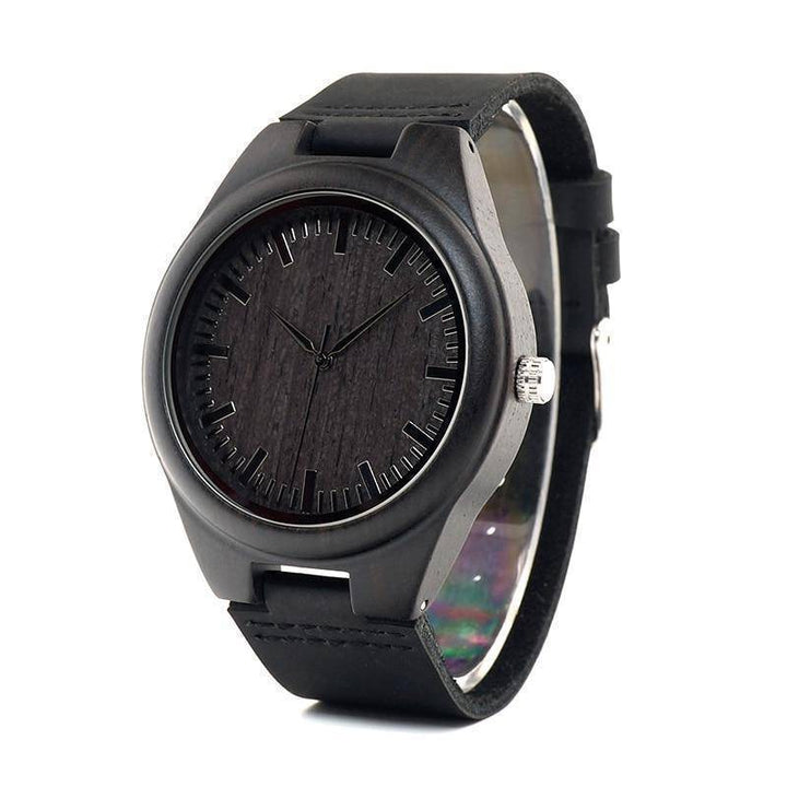 BowLift | Mens Black Wooden Watch With Real Leather - Quartz, Natural Ebony Wood