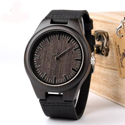 BowLift | Mens Black Wooden Watch With Real Leather - Quartz, Natural Ebony Wood