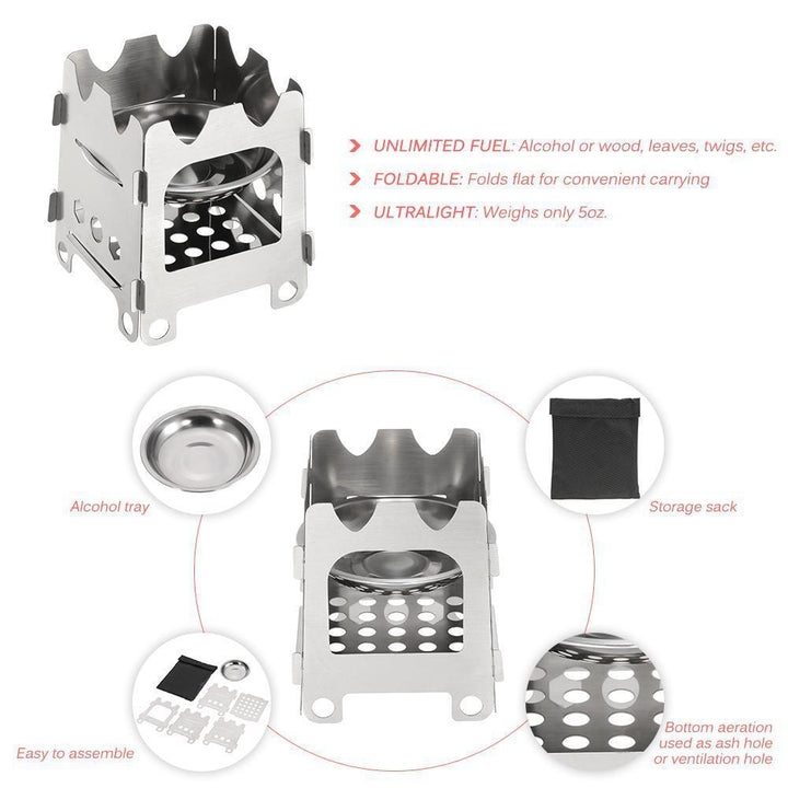 BowLift | Pocket Rocket Stove Folding Wood Camping with Alcohol Tray Stainless Steel
