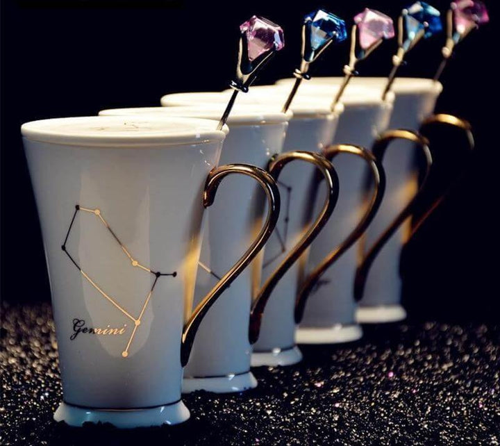 BowLift | White And Gold Ceramic Coffee mugs with Zodiac Signs