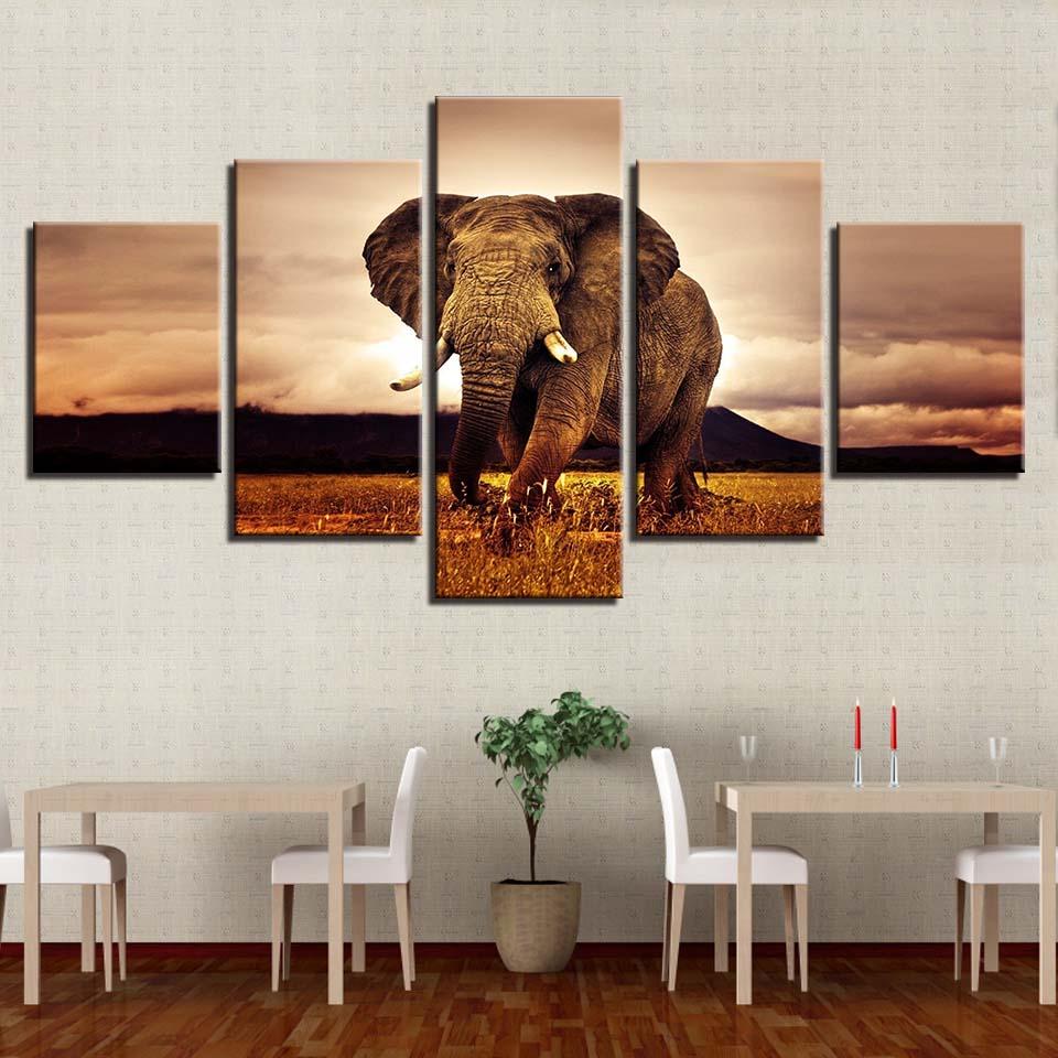 Morning Elephant - 5 Piece Canvas Wall Art Painting | Wildlife Wall Art | Bowlift