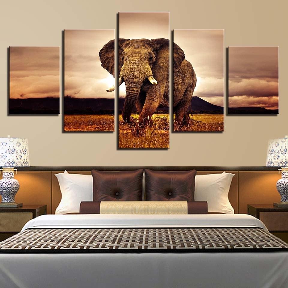 Morning Elephant - 5 Piece Canvas Wall Art Painting | Wildlife Wall Art | Bowlift