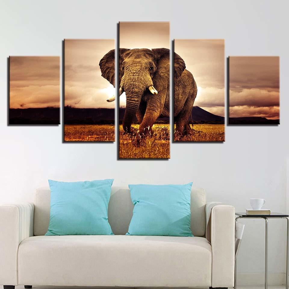 Morning Elephant - 5 Piece Canvas Wall Art Painting | Wildlife Wall Art | Bowlift