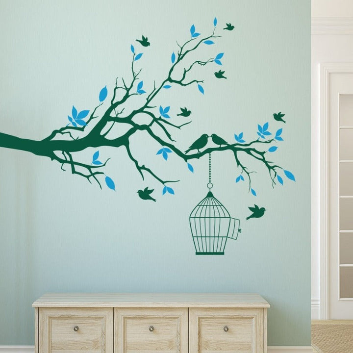 Tree Branch Wall Art Sticker with Bird Cage Removable Vinyl Wall Decals | Bowlift