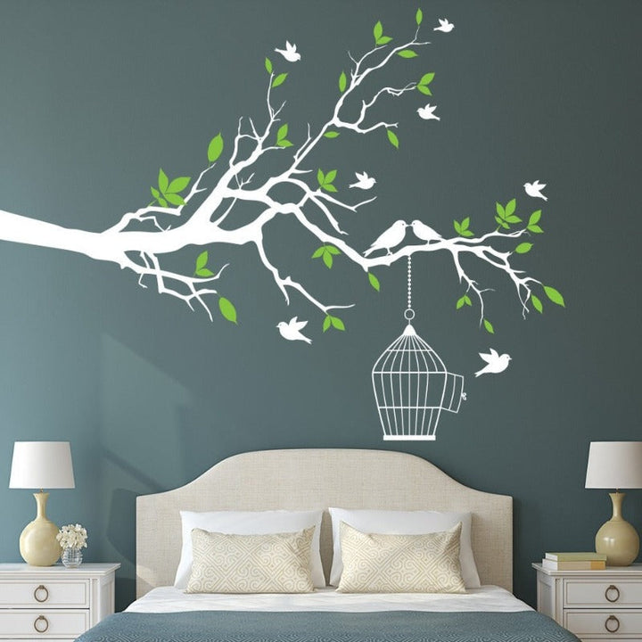 Tree Branch Wall Art Sticker with Bird Cage Removable Vinyl Wall Decals | Bowlift