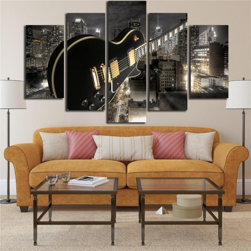 Guitar And City - Canvas Wall Art Painting | Bowlift