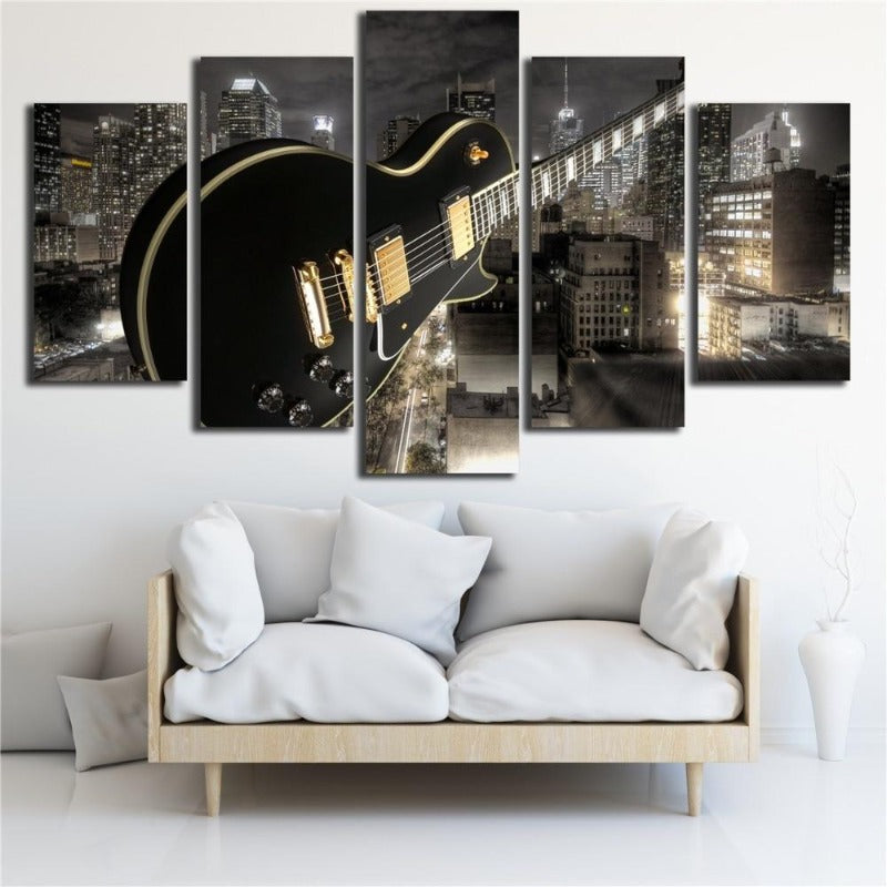 Guitar And City - Canvas Wall Art Painting | Bowlift