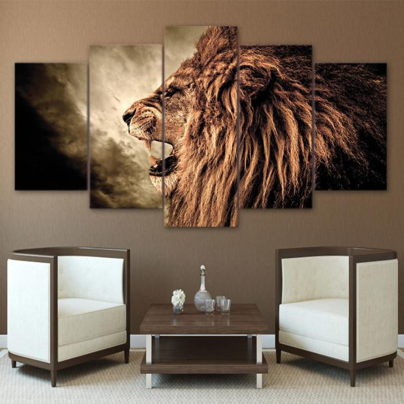 Grand Lion Howl | Roaring Lion - 5 Piece Canvas Wall Art Painting | Bowlift
