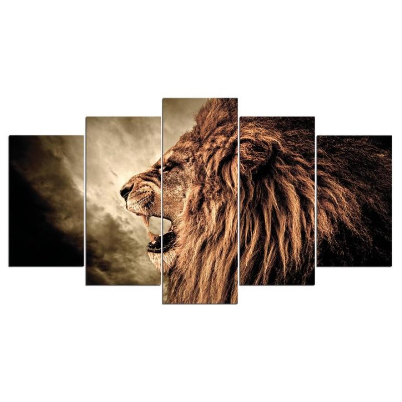 Grand Lion Howl | Roaring Lion - 5 Piece Canvas Wall Art Painting | Bowlift