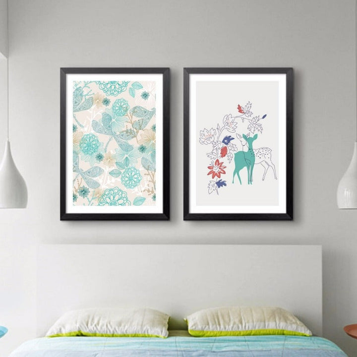 Nordic Deer Birds Flowers Natural - Canvas Wall Art Painting | Bowlift
