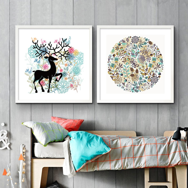 Nordic Deer Birds Flowers Natural - Canvas Wall Art Painting | Bowlift