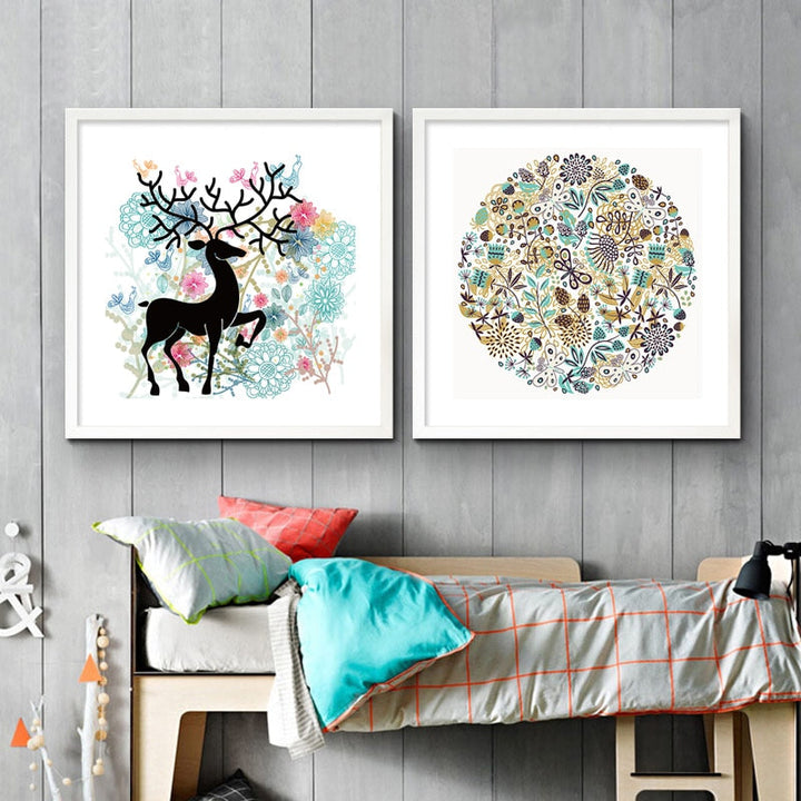 Nordic Deer Birds Flowers Natural - Canvas Wall Art Painting | Bowlift