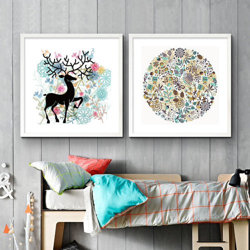 Nordic Deer Birds Flowers Natural - Canvas Wall Art Painting | Bowlift