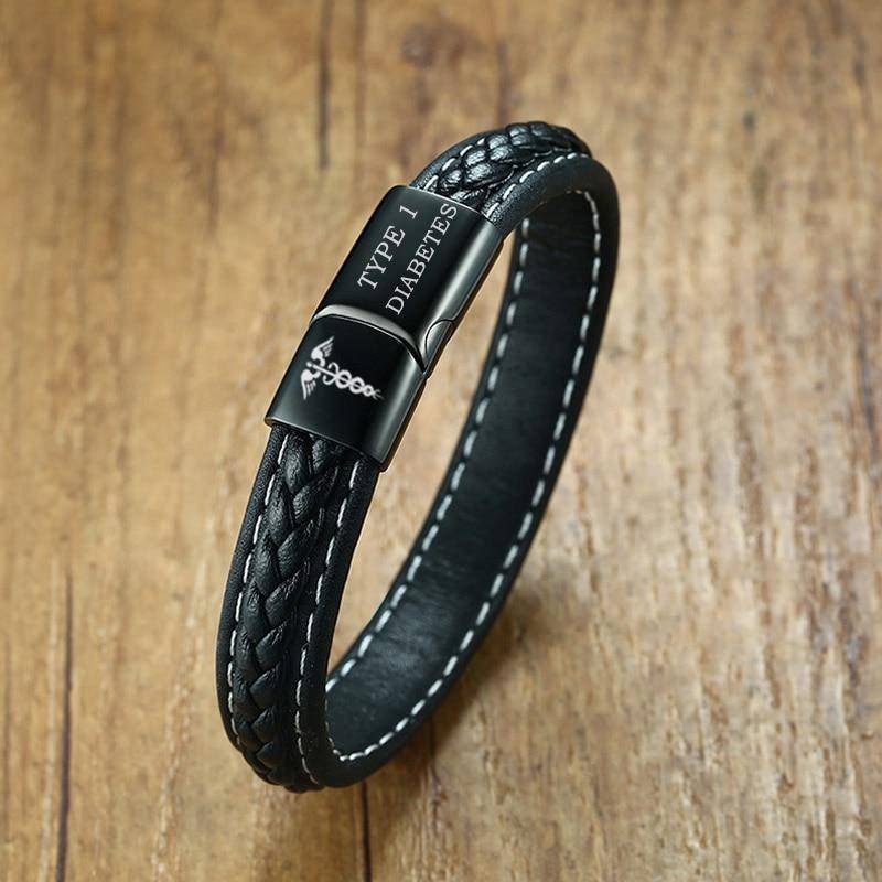 BowLift | Mens Diabetic Medical Alert ID Bracelet - Stitched Black Leather - For Type 1 and Type 2 Diabetes