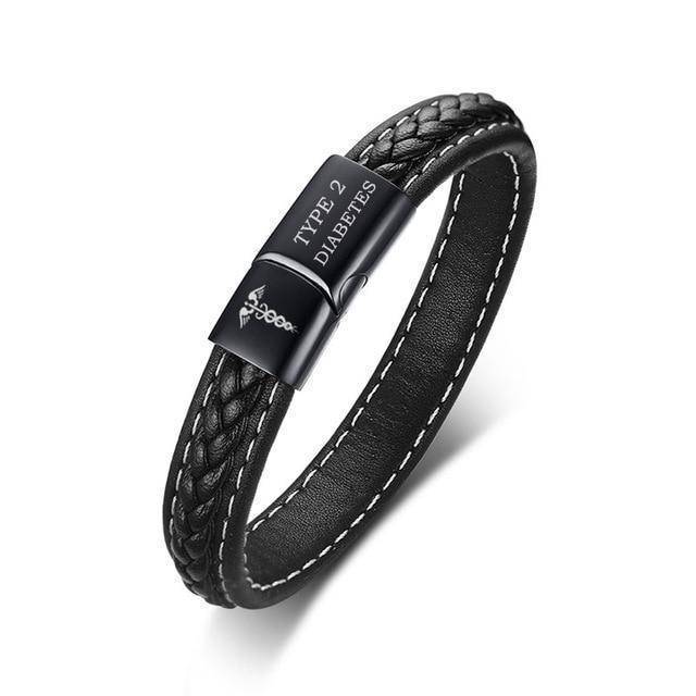 BowLift | Mens Diabetic Medical Alert ID Bracelet - Stitched Black Leather - For Type 1 and Type 2 Diabetes