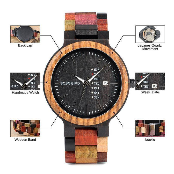 BowLift | Mens Wooden Watch With Week Date Display in Wood Gift Box