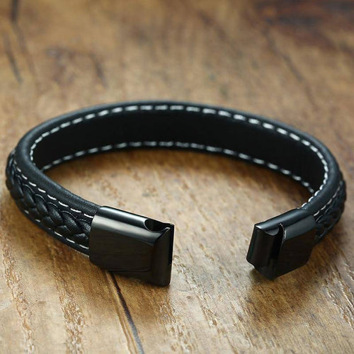 BowLift | Mens Diabetic Medical Alert ID Bracelet - Stitched Black Leather - For Type 1 and Type 2 Diabetes
