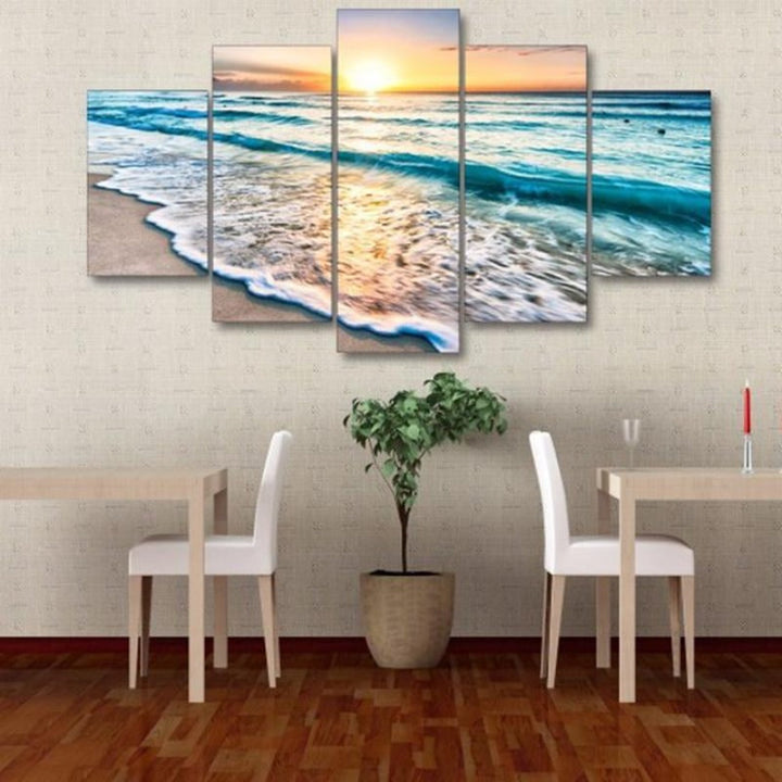 Sunset Beach 5 Piece Canvas Wall Art Painting | Coastal Beach Sunset Decor for Living Room & Bedroom | Bowlift