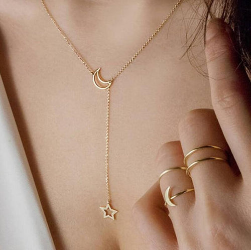 Moon & Star Hanging Drop Necklace | Bowlift