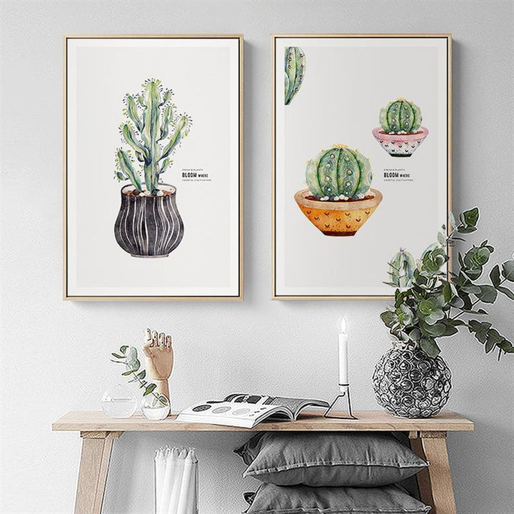 Nordic Cactus Flower Potted Plant Poster - Canvas Wall Art Painting | Bowlift