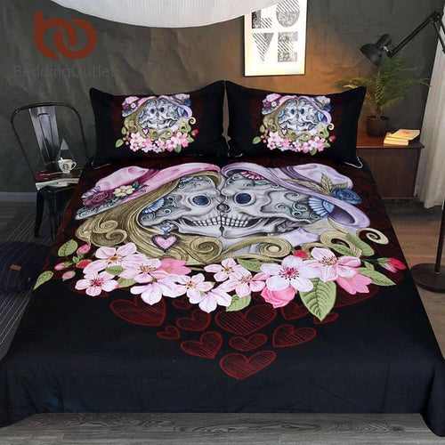 BowLift | 3pcs Gothic Couple Skull Pink Comfortable Duvet Cover Bedding set