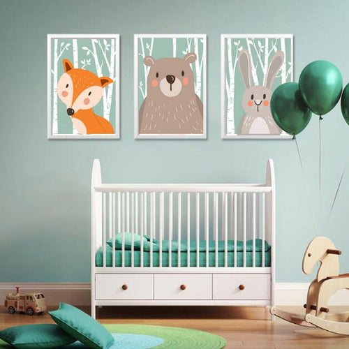 Woodland Animals Rabbit Fox Bear Nursery  - Canvas Wall Art Painting | Bowlift